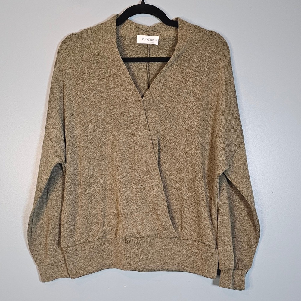 Kaileigh Womens Olive Green Faux Wrap Long Sleeve Sweater Top Size M